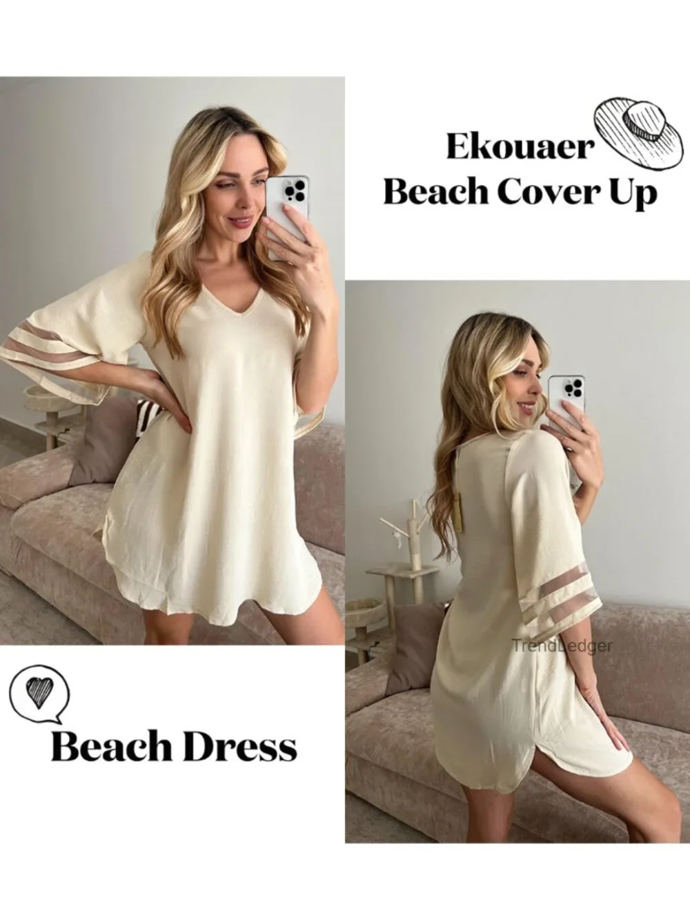 Women's Swimsuit Cover Up 3/4 Bell Sleeve Deep V-Neck Beach Dress Lightweight